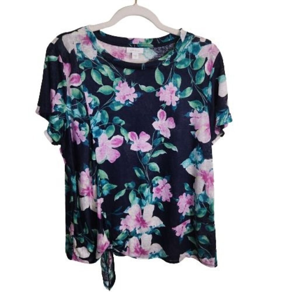 J. Jill Love Linen Navy Pink Floral Tie Waist Top Size M